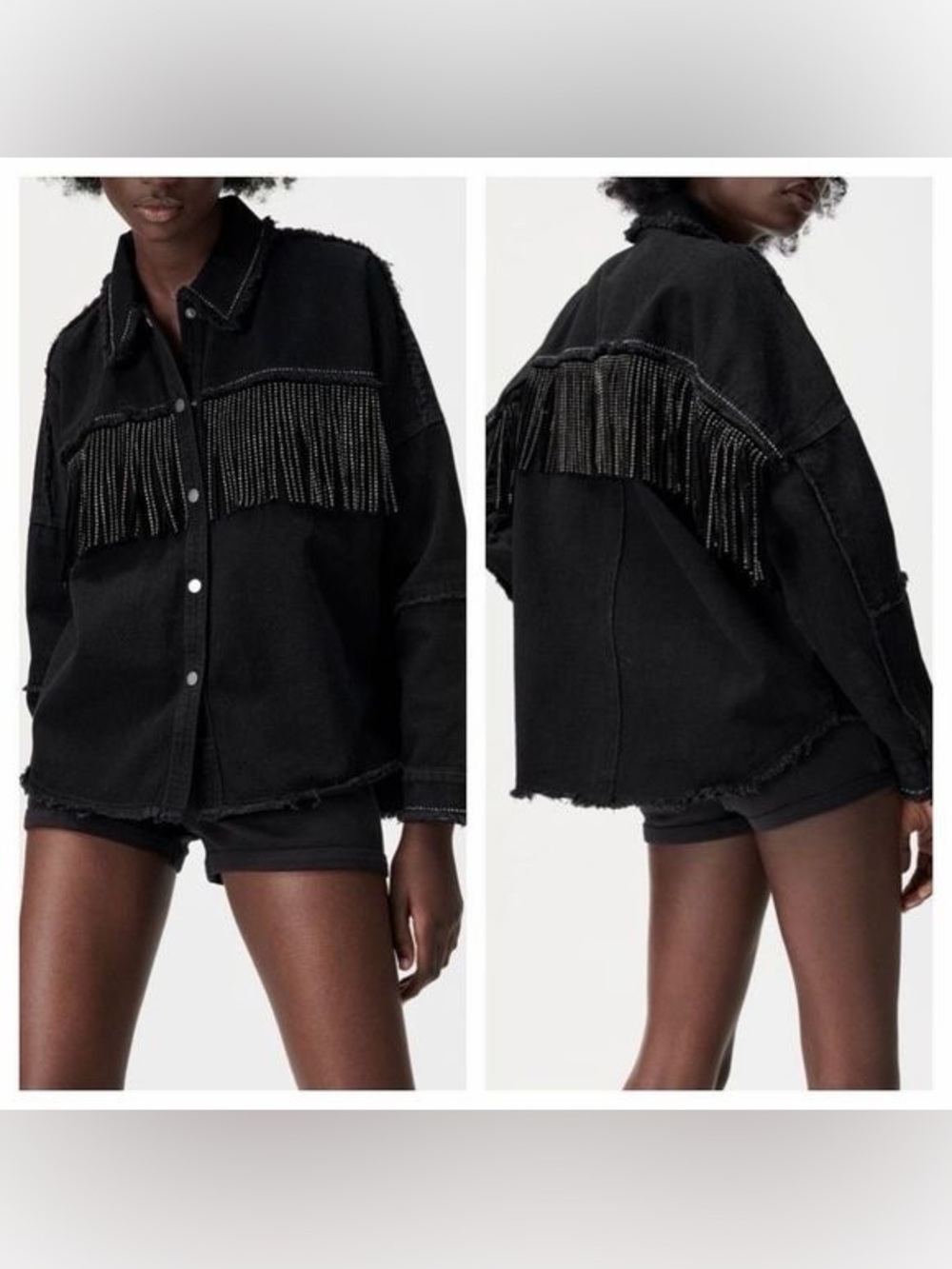 Zara Western Black Fringe Denim Jacket - Womens Small